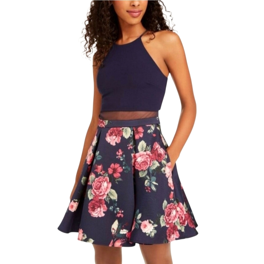 B Darlin Bold Navy & Pink Floral Skater Dress Size Small